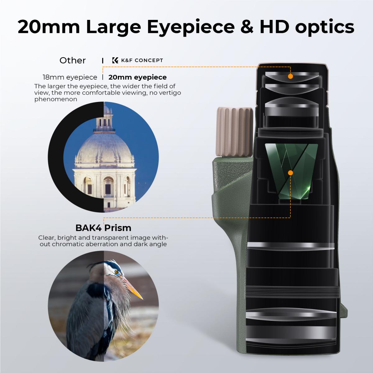 K&F 12X50 BAK4 HD Monocular Waterproof, Easy Focus Tripod Mount - Green