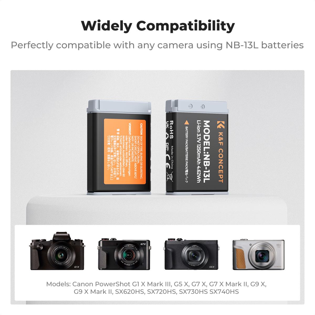 K&F Concept 2 Pack NB-13L Batteries & LCD Charger for Canon