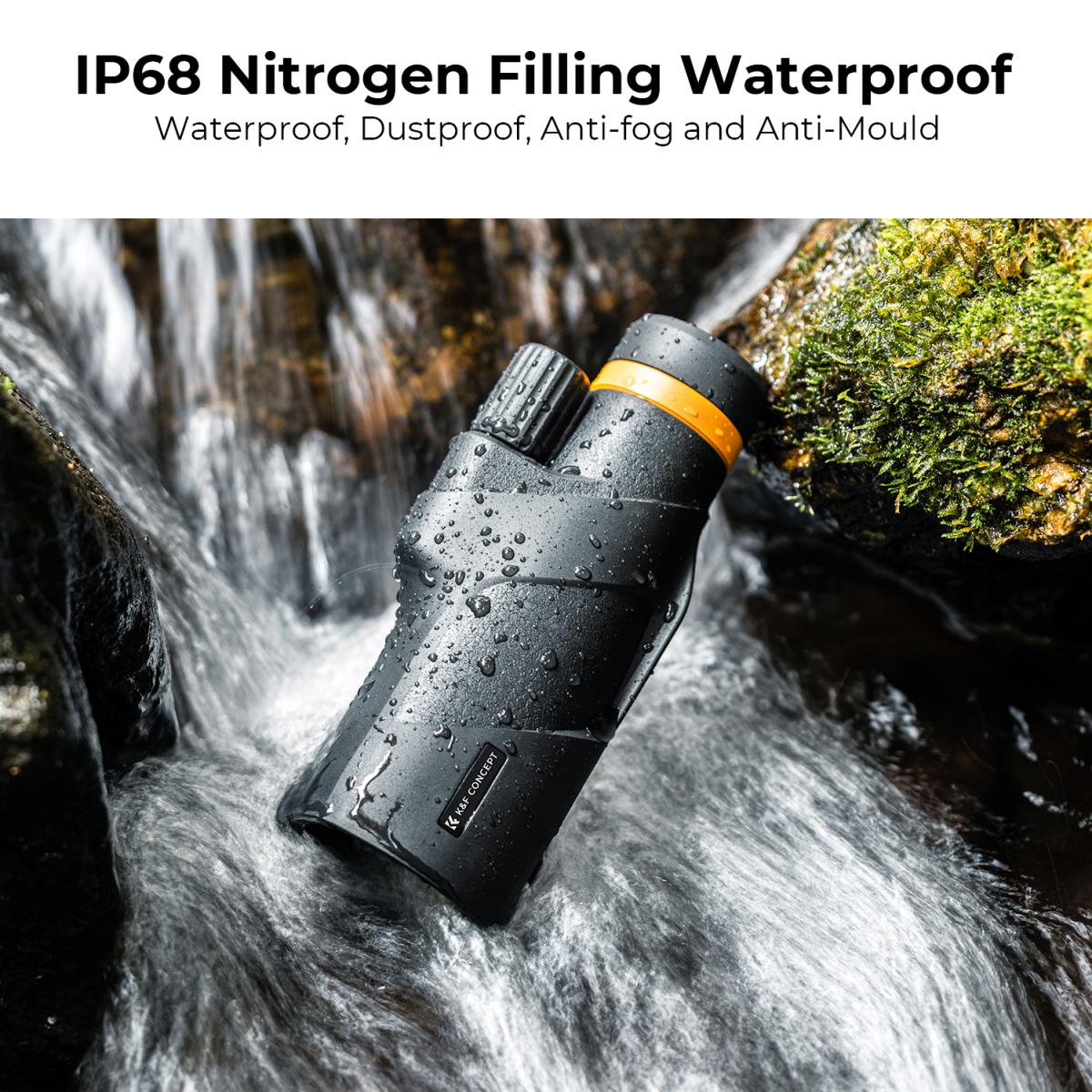K&F 12X50 BAK4 HD Monocular Waterproof, Easy Focus Tripod Mount - Black