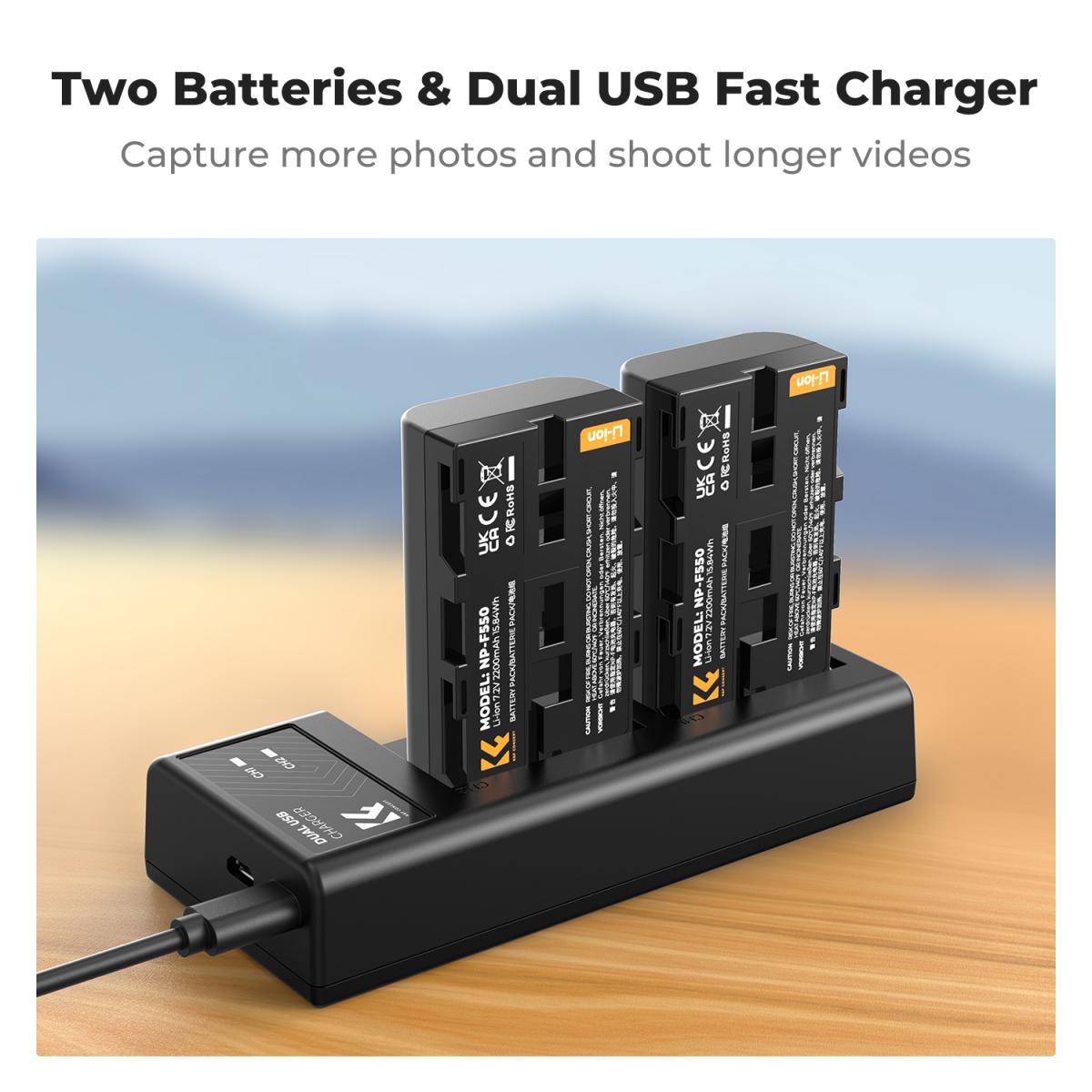 K&F Concept 2 Pack NP-F550 Batteries & Dual USB Charger Compatible with Sony - KF28-0046