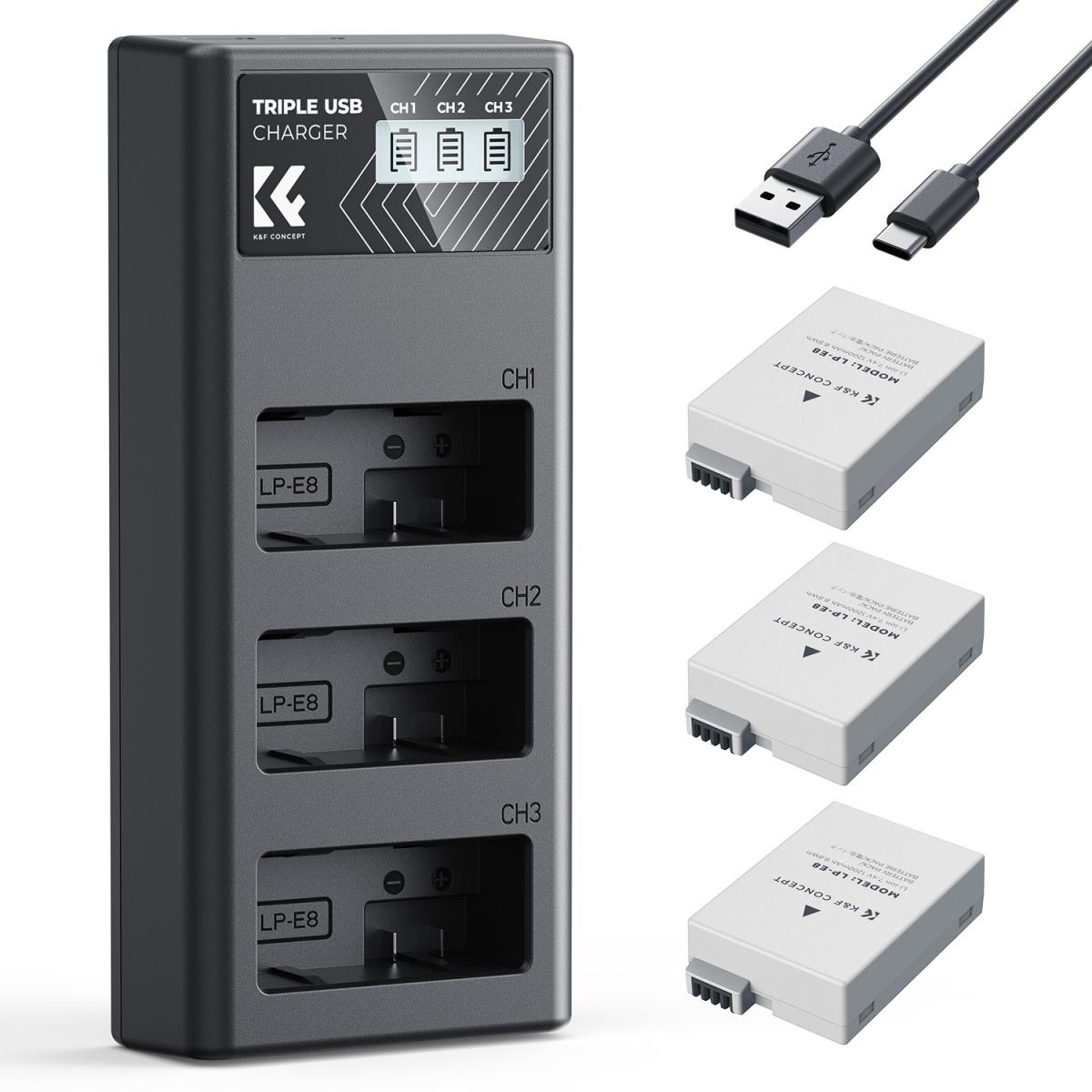 K&F Concept 3 Pack LP-E8 Batteries & LCD Charger for Canon EOS DSLR