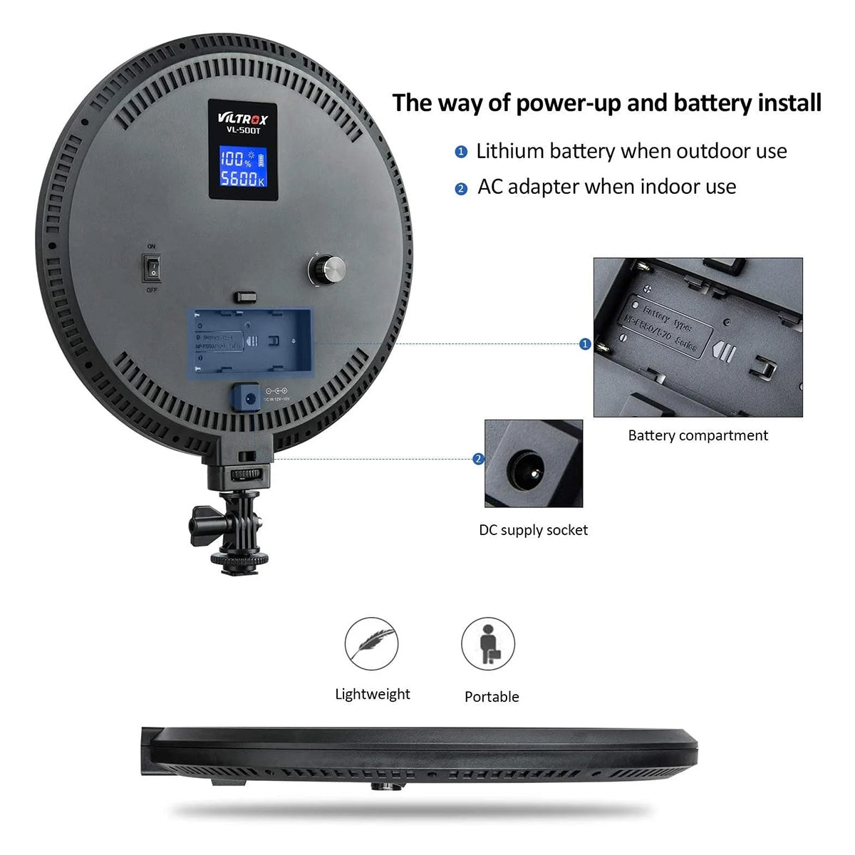 Viltrox VL-500T, 2000 Lumens 25W Round LED Light, Adjustable Power & Color