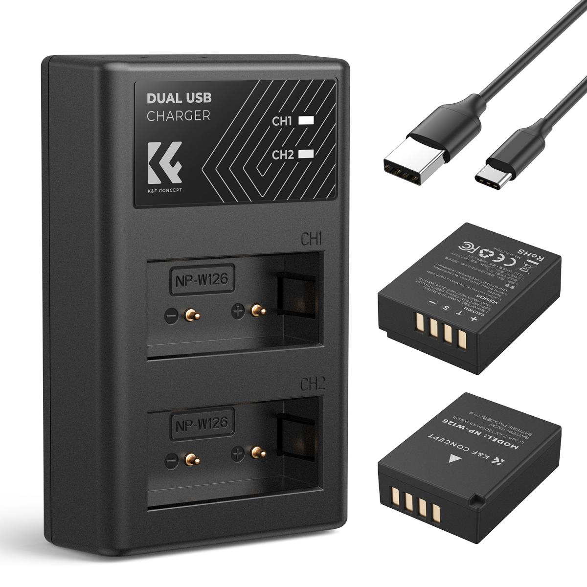K&F Concept Dual NP-W126 1300mAh Batteries + Charger for Fuji