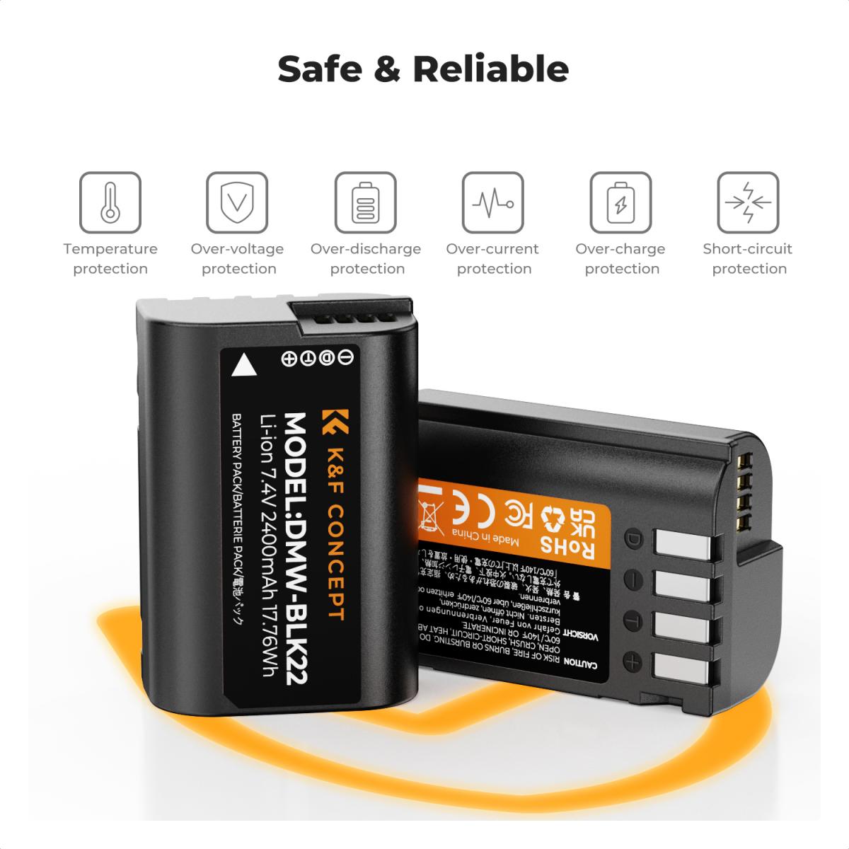 K&F Concept 2 Pack DMW-BLK22 Batteries & LCD Charger for Panasonic Lumix