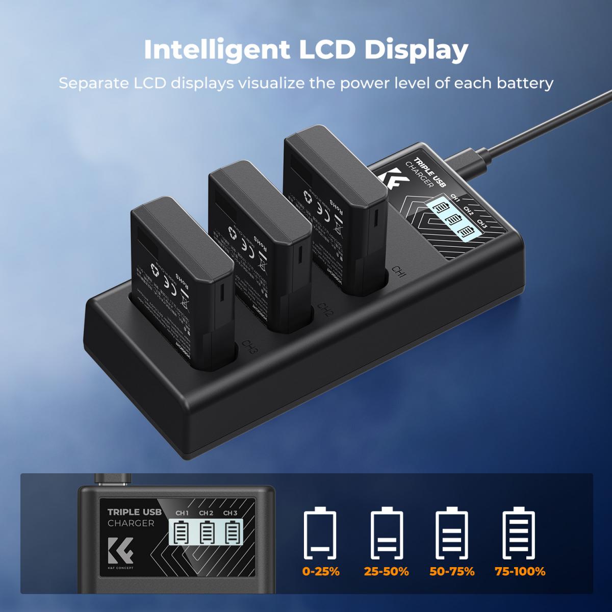 K&F Concept 3 Pack EN-EL14 Batteries & LCD Charger compatible with Nikon