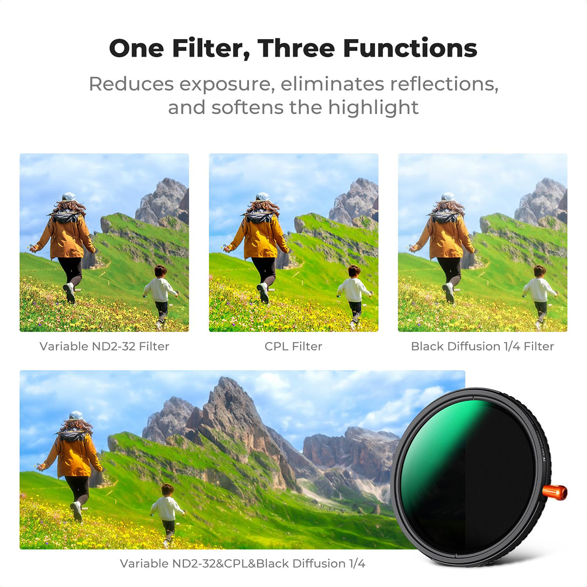 K&F 67mm 3-in-1 ND2-32 CPL Black Mist 1/4 Lens Filter with Green Coating