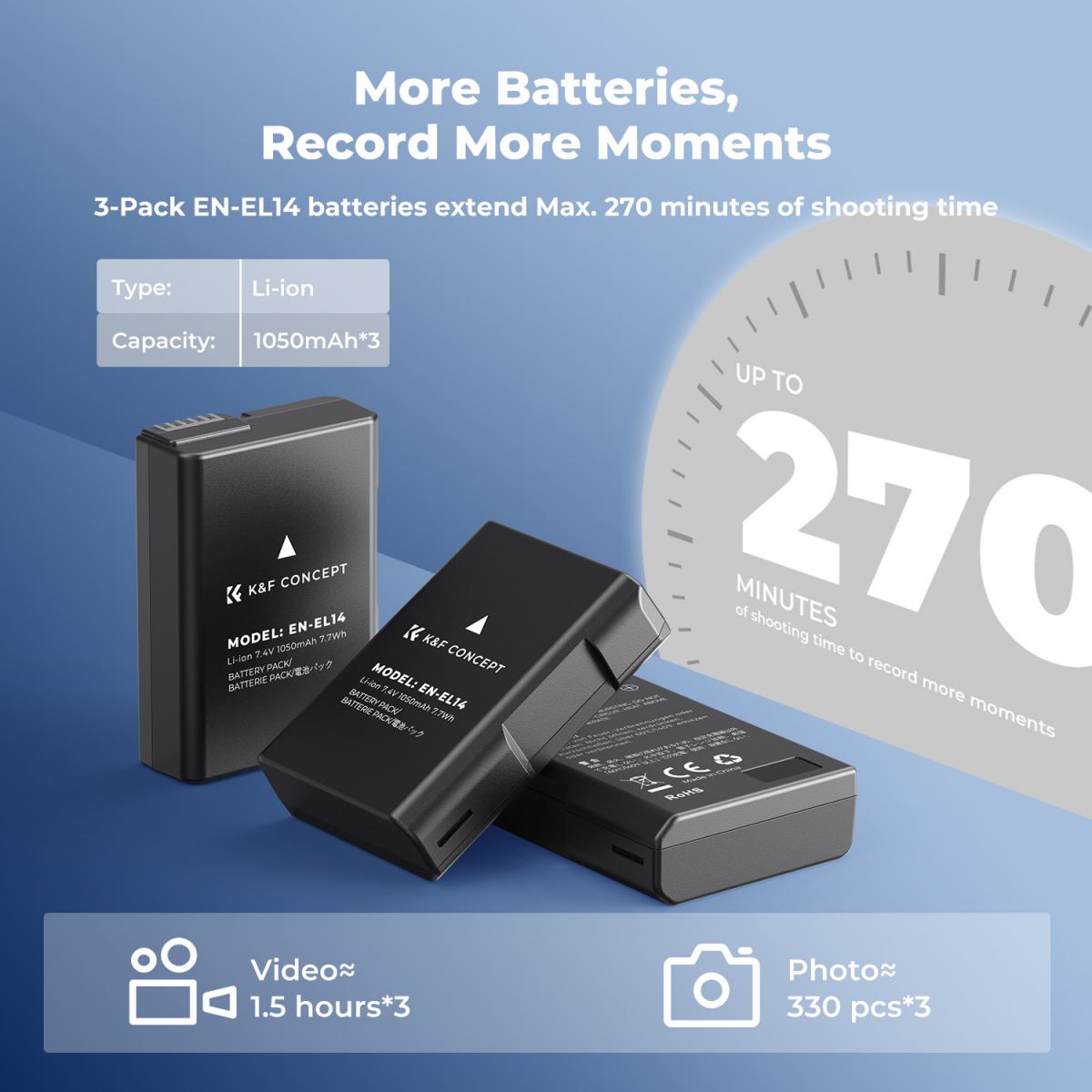 K&F Concept 3 Pack EN-EL14 Batteries & LCD Charger compatible with Nikon