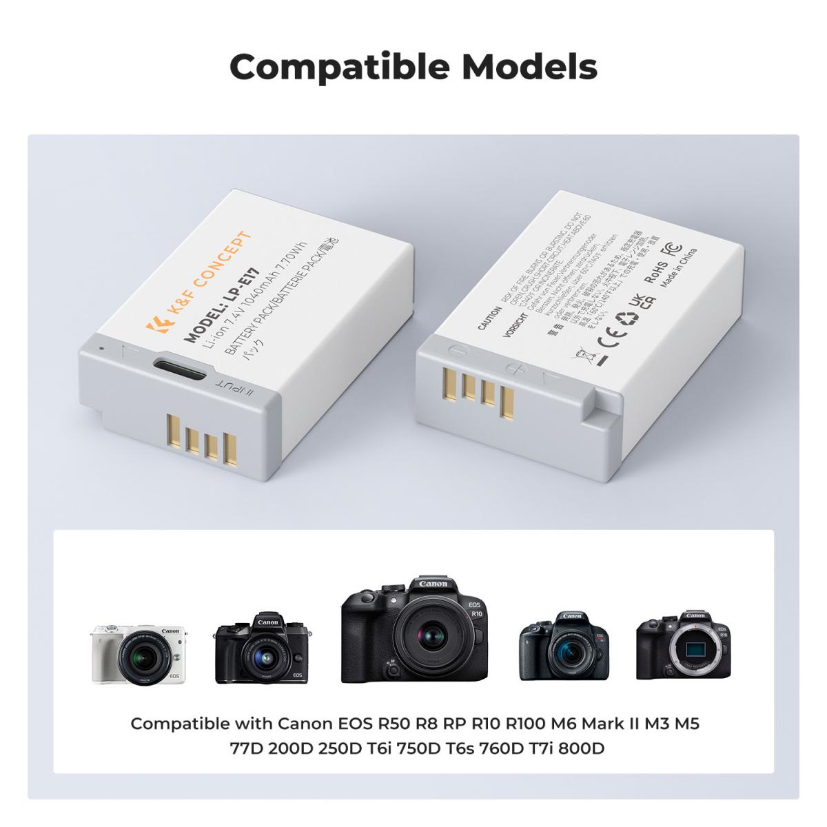 K&F Concept 2-Pack 1040mAh LP-E17 USB-C Fast Charging Replacement Batteries for Canon Cameras