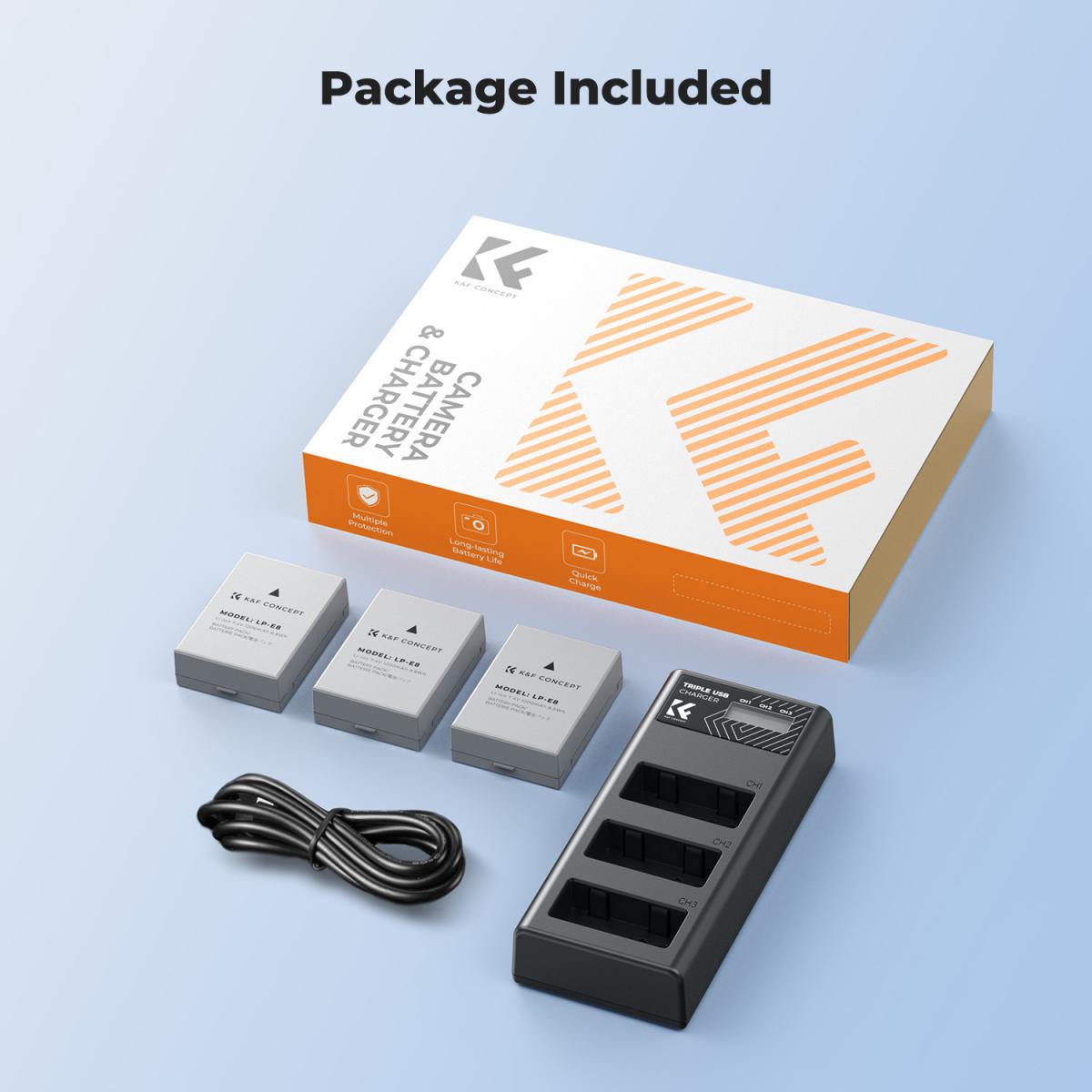 K&F Concept 3 Pack LP-E8 Batteries & LCD Charger for Canon EOS DSLR