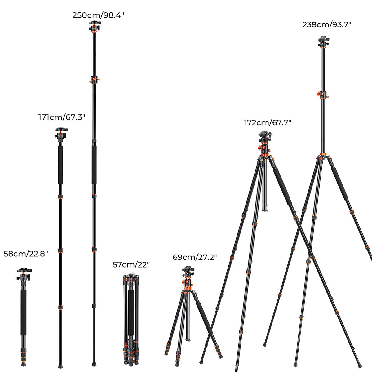 K&F 2.4 m Aluminium Video Tripod with Detachable Monopod & 360° Ball Head
