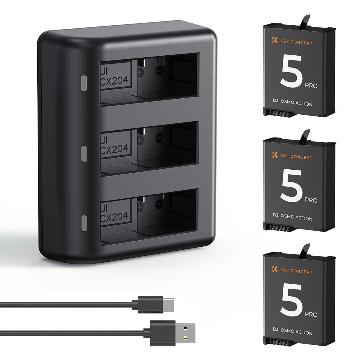 K&F Concept 3 Pack Batteries & Charger for DJI Osmo Action 5/4/3