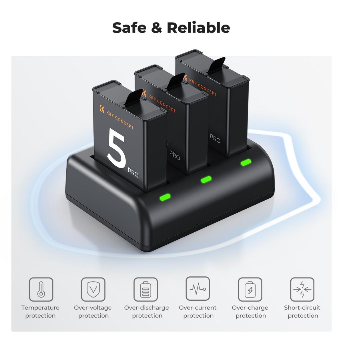 K&F Concept 3 Pack Batteries & Charger for DJI Osmo Action 5/4/3