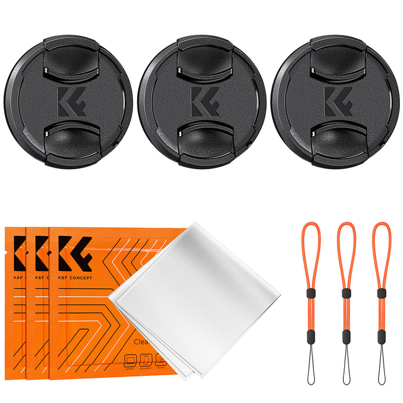 K&F 58mm Set of 3 Center Pinch Lens Caps With Orange Strings Plus 3x Cloths