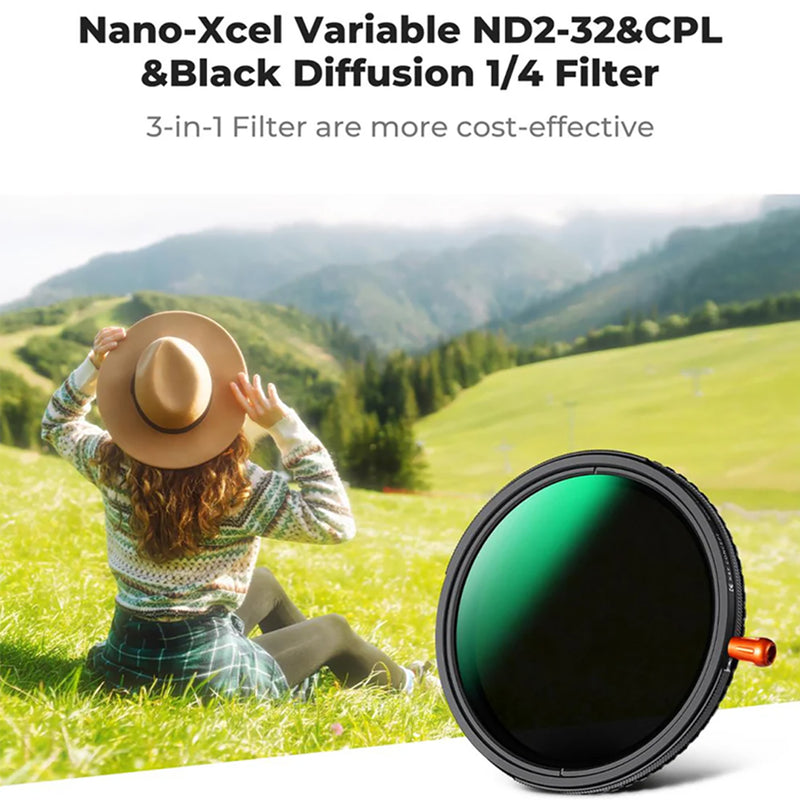 K&F 67mm 3-in-1 ND2-32 CPL Black Mist 1/4 Lens Filter with Green Coating