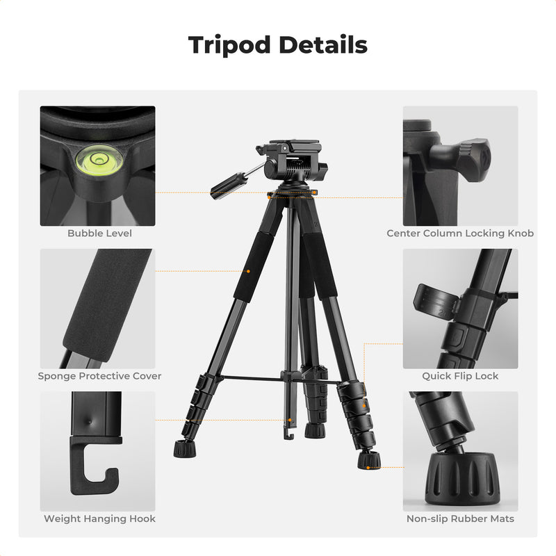 K&F Concept Lightweight Travel Tripod, BT Remote Removable 3-Way Pan Head