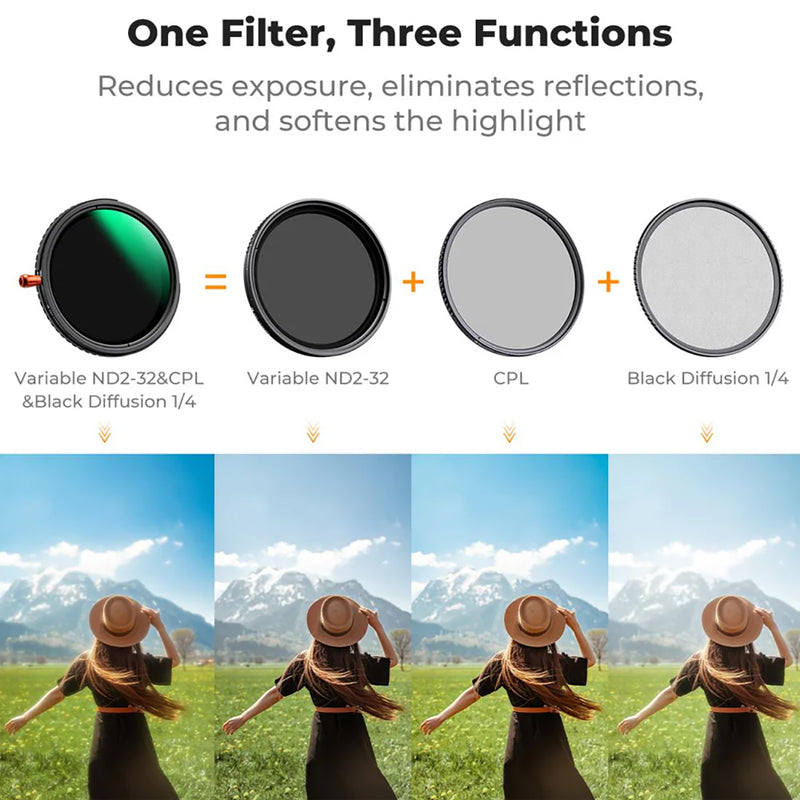 K&F 52mm 3-in-1 ND2-32 CPL Black Mist 1/4 Lens Filter with 28-Layer Coating