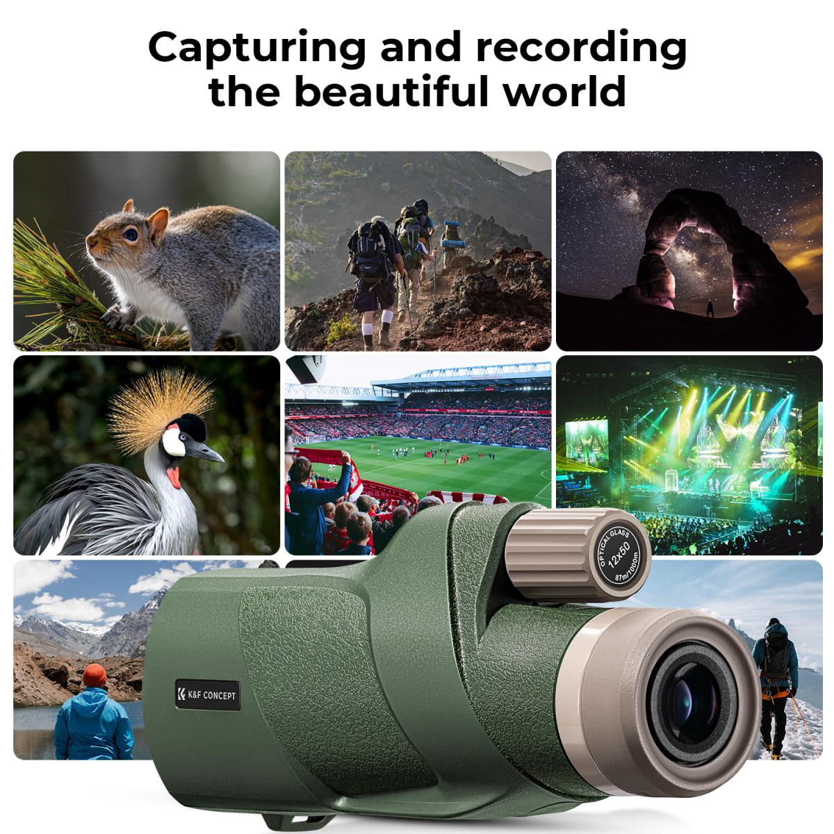 K&F 12X50 BAK4 HD Monocular Waterproof, Easy Focus Tripod Mount - Green