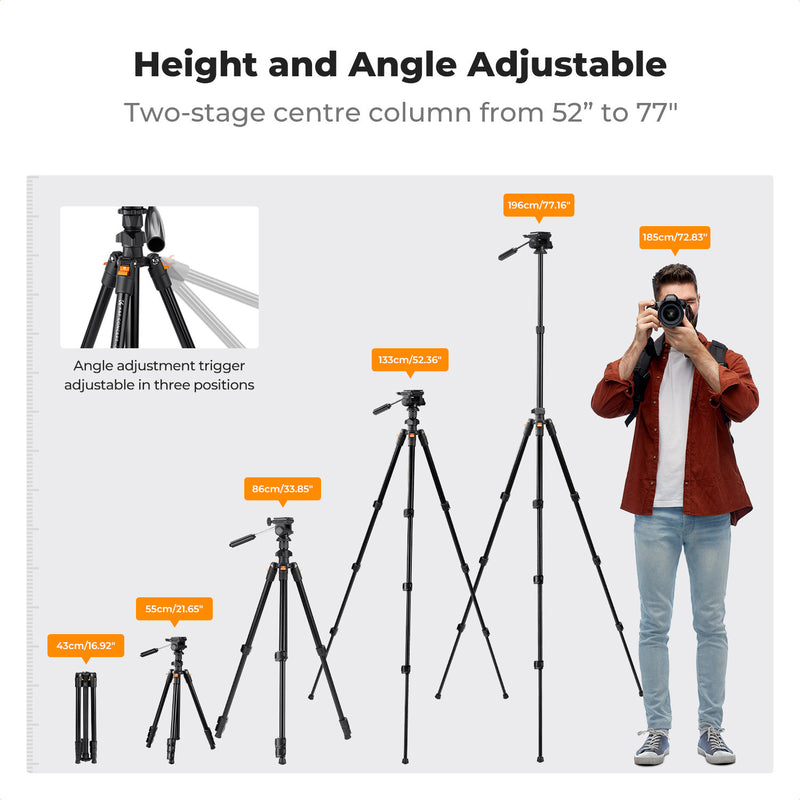 K&F Concept 1.96m Aluminium Camera & Video Travel Tripod With 3-Way Head KF09-115V1
