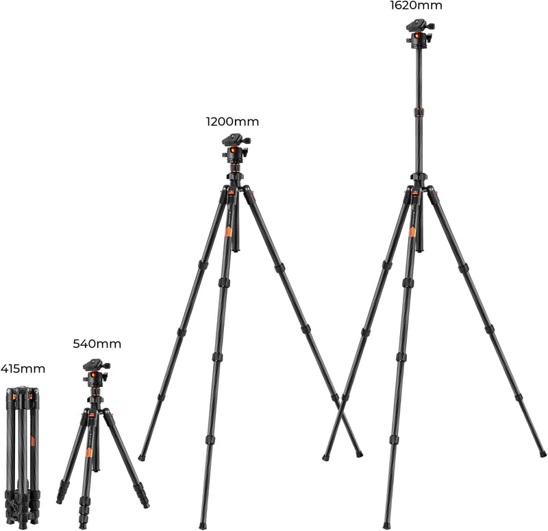 K&F Concept K-Series K254C2 Carbon Fiber Travel Tripod Max Height of 1.6m