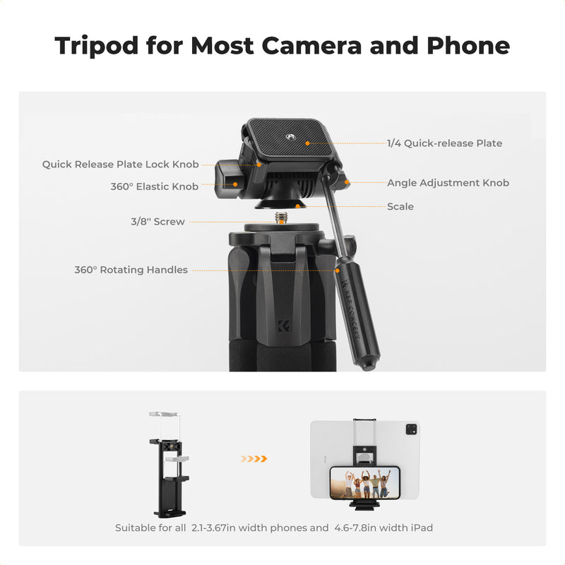 K&F Concept Lightweight Travel Tripod, BT Remote Removable 3-Way Pan Head