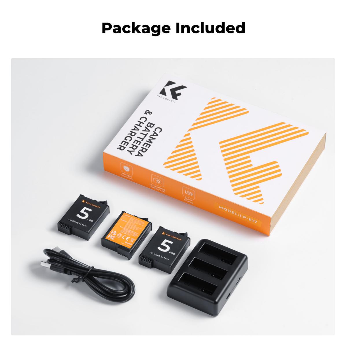 K&F Concept 3 Pack Batteries & Charger for DJI Osmo Action 5/4/3