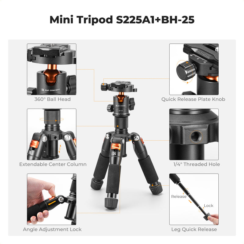 K&F Concept Smart Series Portable Mini Desktop Tripod S225A1 with BH-25 Head