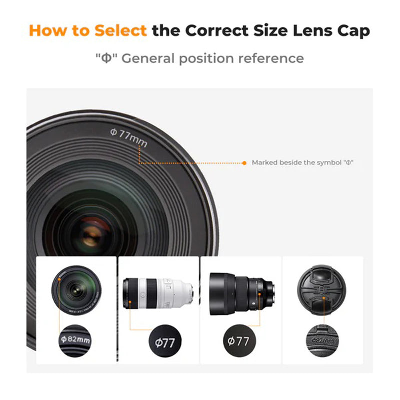 K&F Concept 82mm Center Pinch Lens Cap Kit with 2x Lens Cloths & Attachment Strap