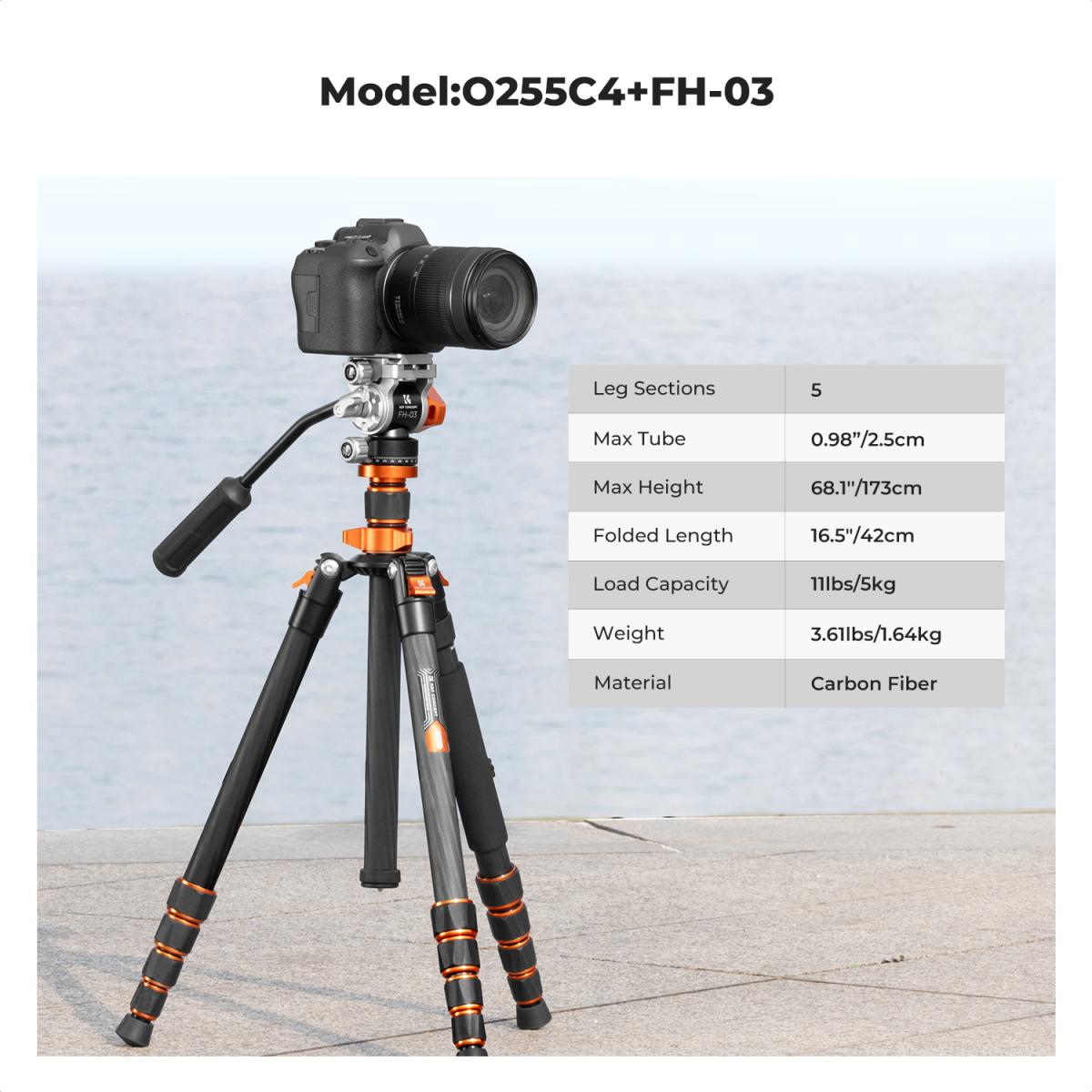 K&F Concept Omni Series 1.7m Lightweight Carbon Fibre Tripod | Hydraulic Video Head & Monopod Conversion – O255C4