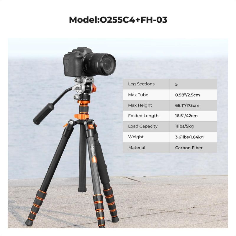 K&F Concept Omni Series 1.7m Lightweight Carbon Fibre Tripod | Hydraulic Video Head & Monopod Conversion – O255C4