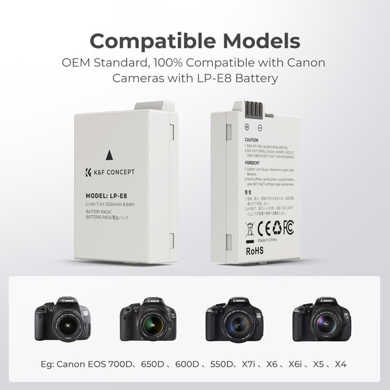 K&F Concept Dual LP-E8 1200mAh Batteries + Charger for Canon