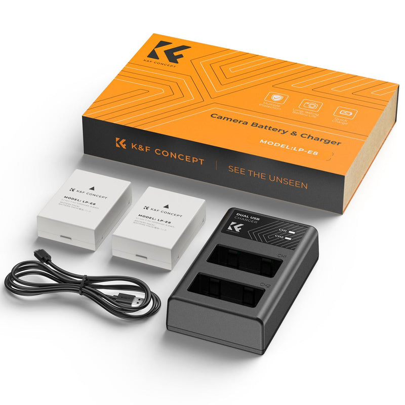 K&F Concept Dual LP-E8 1200mAh Batteries + Charger for Canon