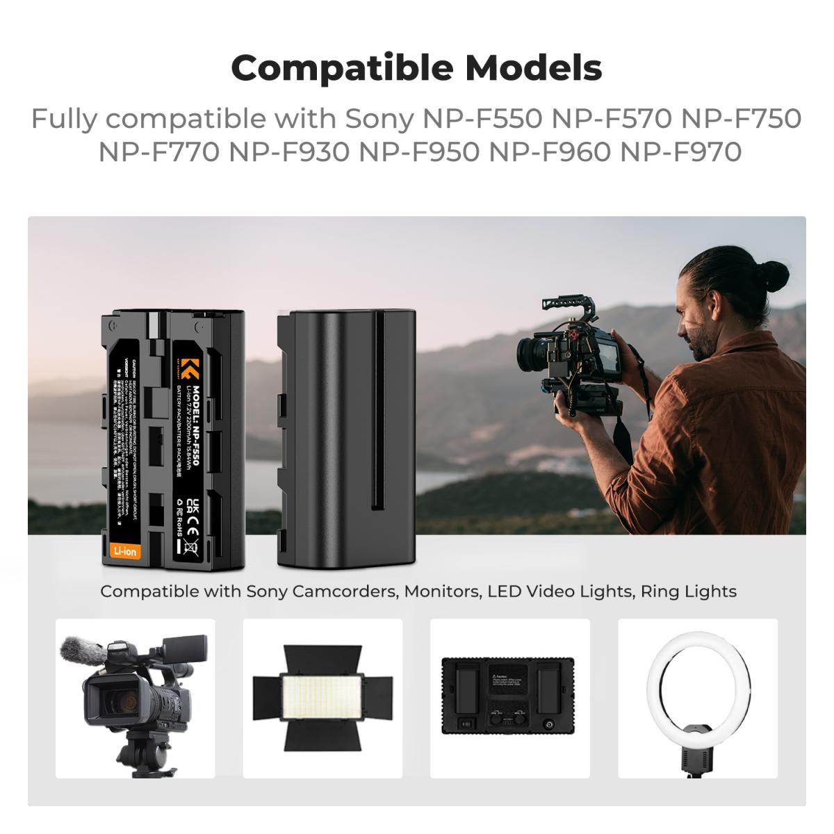 K&F Concept 2 Pack NP-F550 Batteries & Dual USB Charger Compatible with Sony - KF28-0046