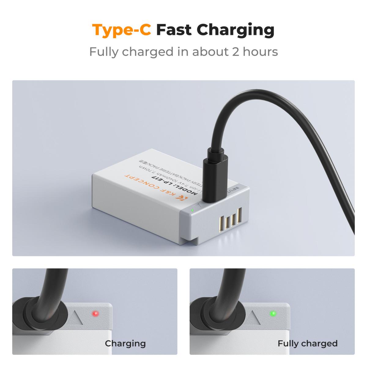 K&F Concept 2-Pack 1040mAh LP-E17 USB-C Fast Charging Replacement Batteries for Canon Cameras