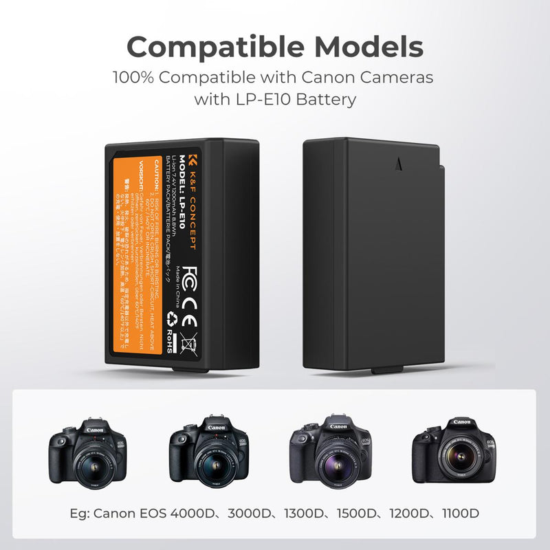 K&F Concept Dual LP-E10 1200mAh Batteries + Charger for Canon