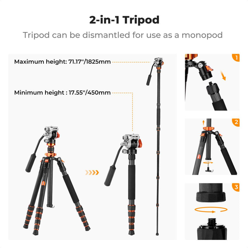 K&F Concept Omni Series 1.7m Lightweight Carbon Fibre Tripod | Hydraulic Video Head & Monopod Conversion – O255C4