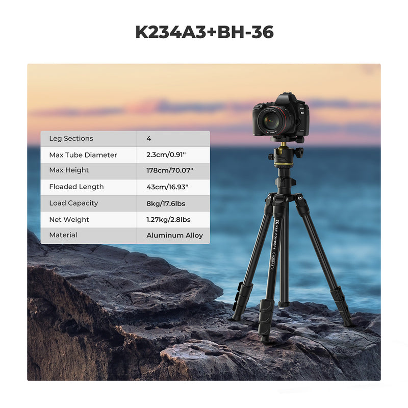 K&F Concept Black & Gold K234A3 Tripod with Bh-36 Head & Phone Holder 1.78m