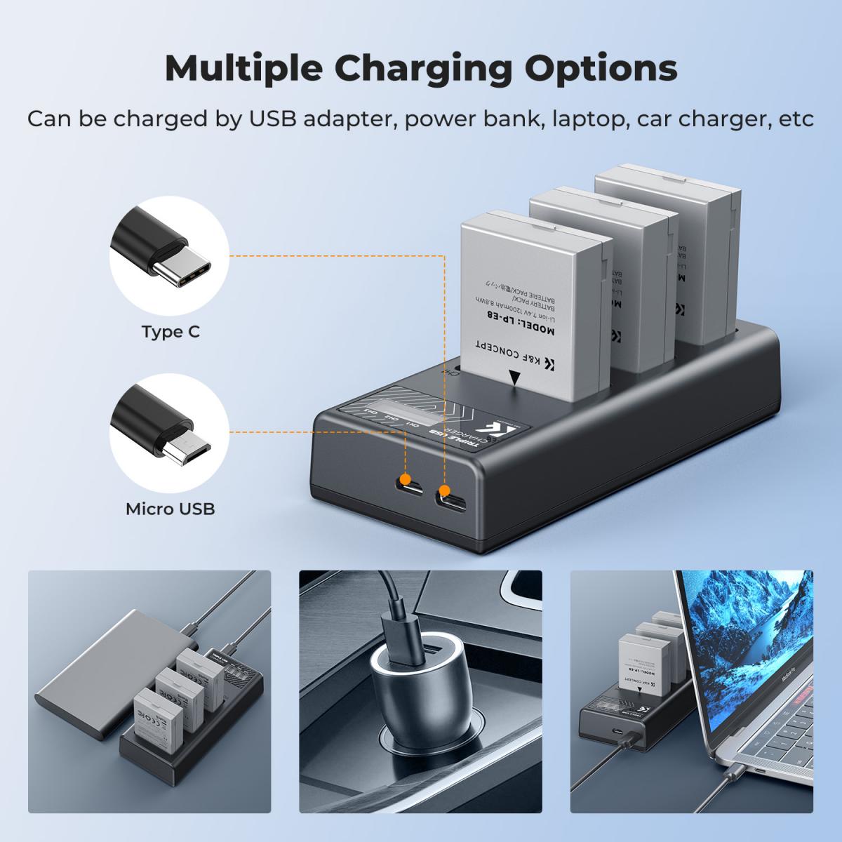 K&F Concept 3 Pack LP-E8 Batteries & LCD Charger for Canon EOS DSLR