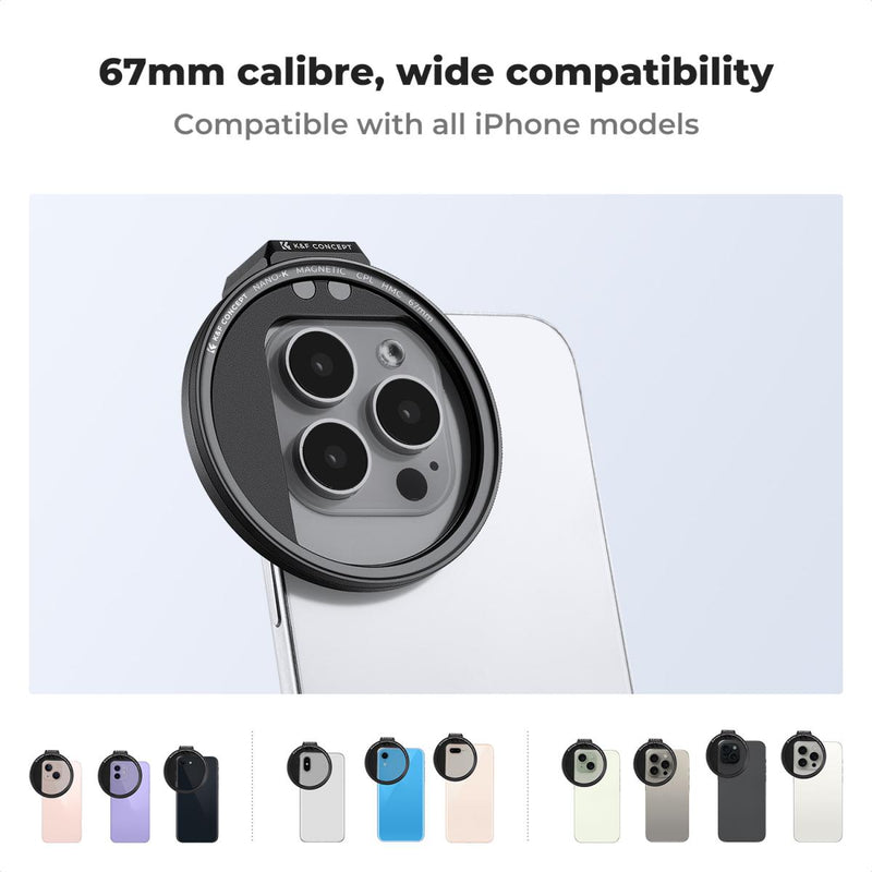 K&F Clip-On Magnetic CPL Filter Kit for iPhone, Samsung Galaxy S22/S23 Ultra & 67mm Camera Lenses