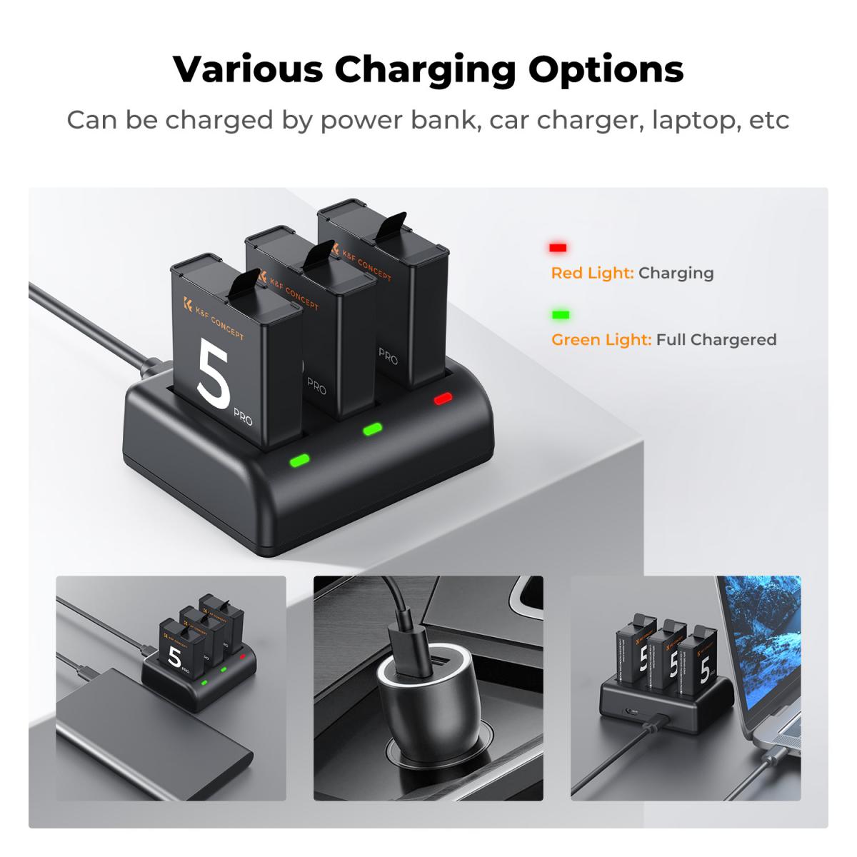 K&F Concept 3 Pack Batteries & Charger for DJI Osmo Action 5/4/3