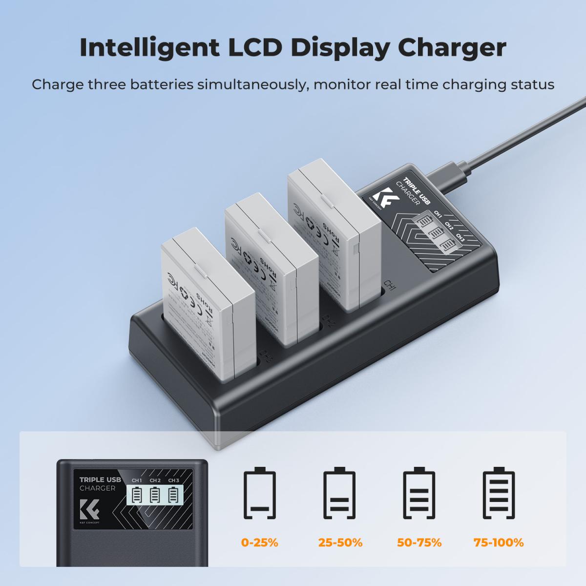 K&F Concept 3 Pack LP-E8 Batteries & LCD Charger for Canon EOS DSLR