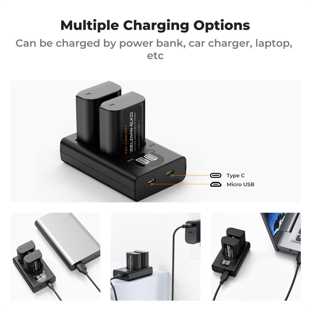 K&F Concept 2 Pack DMW-BLK22 Batteries & LCD Charger for Panasonic Lumix