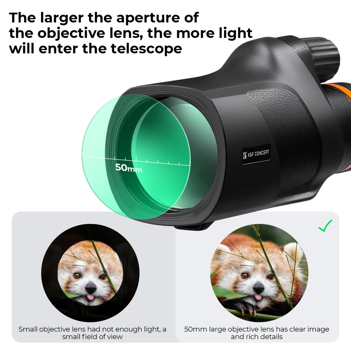 K&F 12X50 BAK4 HD Monocular Waterproof, Easy Focus Tripod Mount - Black
