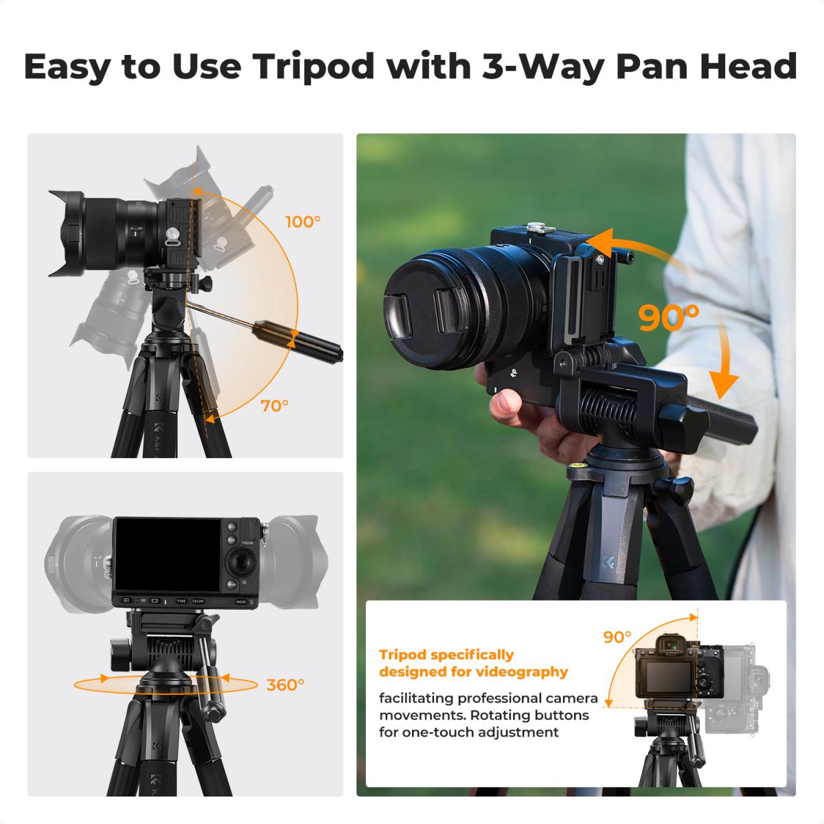 K&F Concept Pentagonal Tube Design Smart PRO Series lightweight Tripod S255A3 with BV-01 Pan-Head