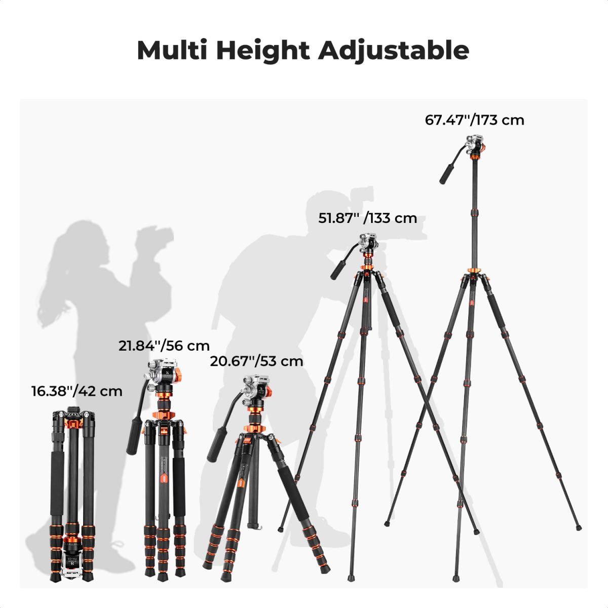 K&F Concept Omni Series 1.7m Lightweight Carbon Fibre Tripod | Hydraulic Video Head & Monopod Conversion – O255C4