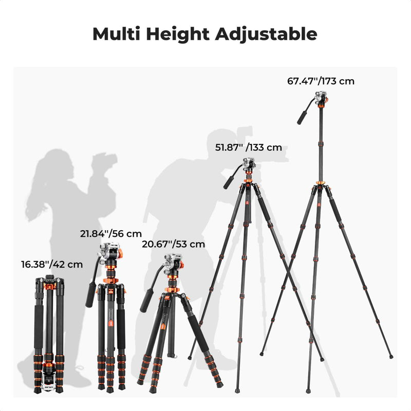K&F Concept Omni Series 1.7m Lightweight Carbon Fibre Tripod | Hydraulic Video Head & Monopod Conversion – O255C4