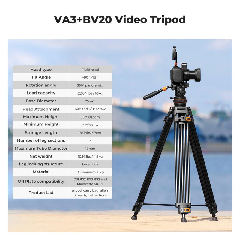 K&F PRO Fluid Head Video Tripod - Maximum Height 1.91m, 10kg Capacity, with VA3+BV20 Fluid Head