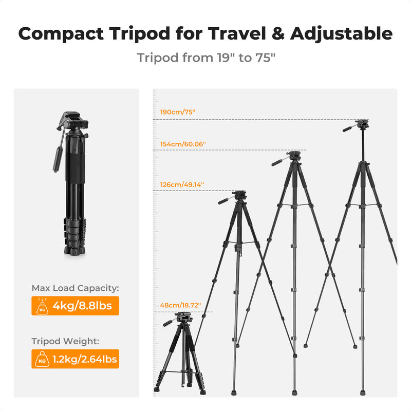 K&F Concept Lightweight Travel Tripod, BT Remote Removable 3-Way Pan Head