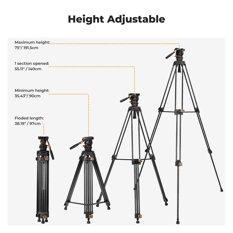 K&F PRO Fluid Head Video Tripod - Maximum Height 1.91m, 10kg Capacity, with VA3+BV20 Fluid Head