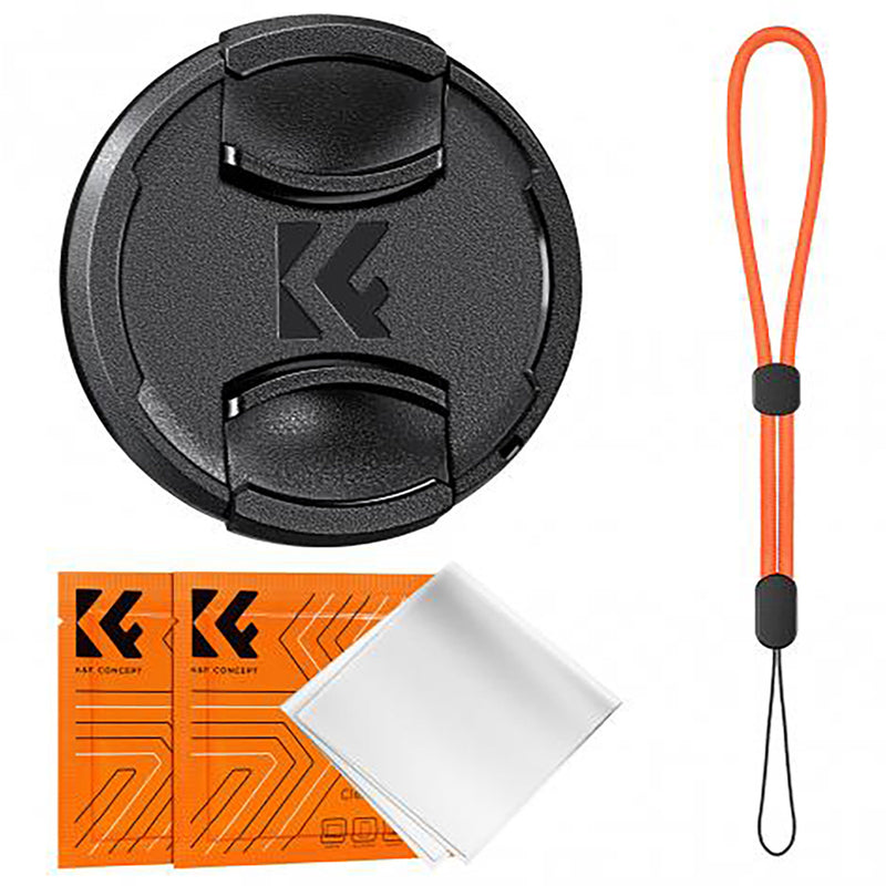 K&F Concept 82mm Center Pinch Lens Cap Kit with 2x Lens Cloths & Attachment Strap