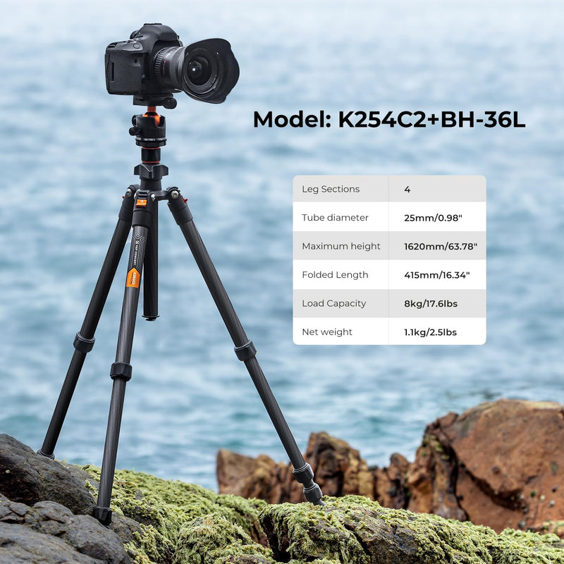 K&F Concept K-Series K254C2 Carbon Fiber Travel Tripod Max Height of 1.6m